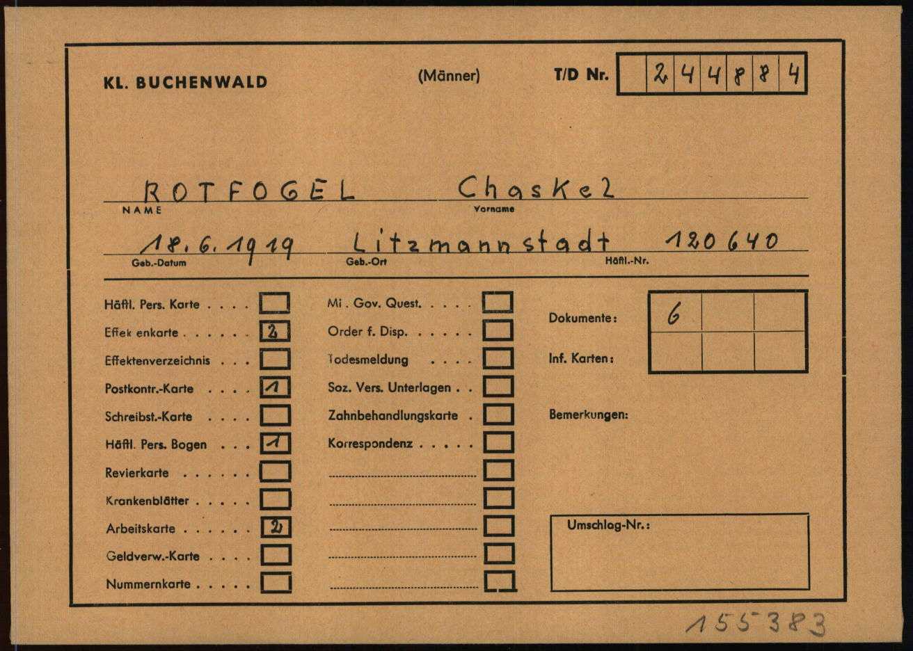 Cover of the Buchenwald prisoner file of Chaskel Rotfogel, no. 120640, stamped T/D 244884