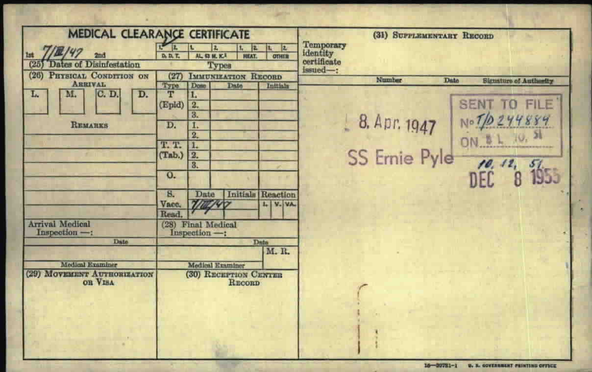 1947 displaced-person registration card, back
