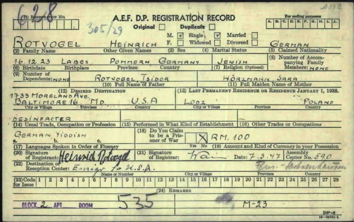 1947 displaced-person registration card, front, signed Heinrich Rotvogel