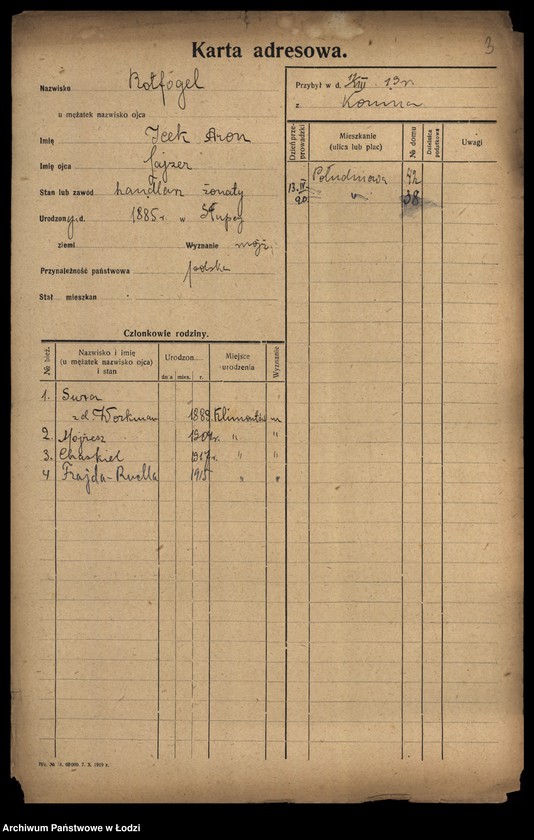 The 1919–21 Łódź address card of Yitzchak Aron Rotfogel, listing his wife Sura and children Mojżesz, Chaskiel and Frajda-Ruchla, all born in Klimontów